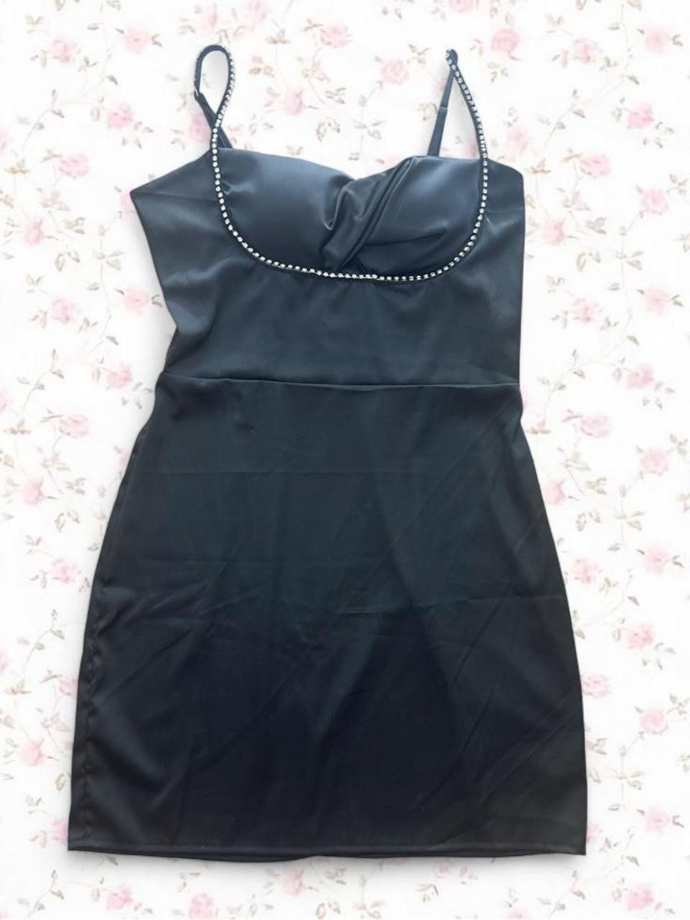 Black Rhinestone-Trim Mini Slip Dress